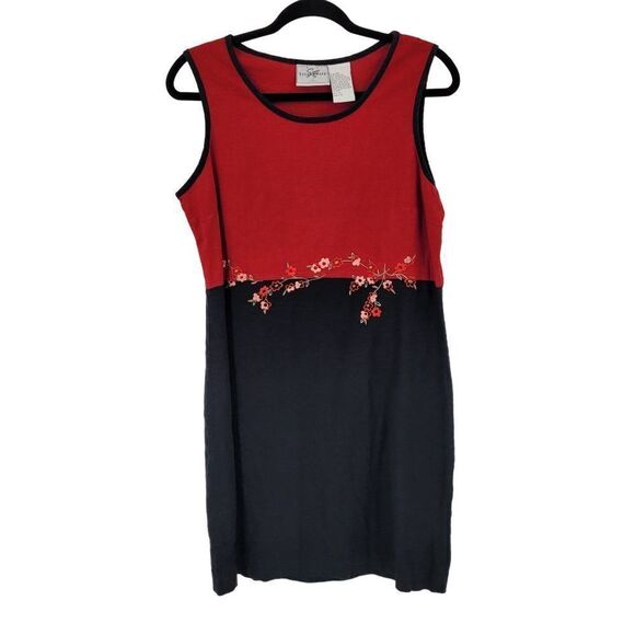 Vintage 90s Linen Sleeveless Shift Dress 10 Red Black Floral Embroidered - Picture 15 of 15